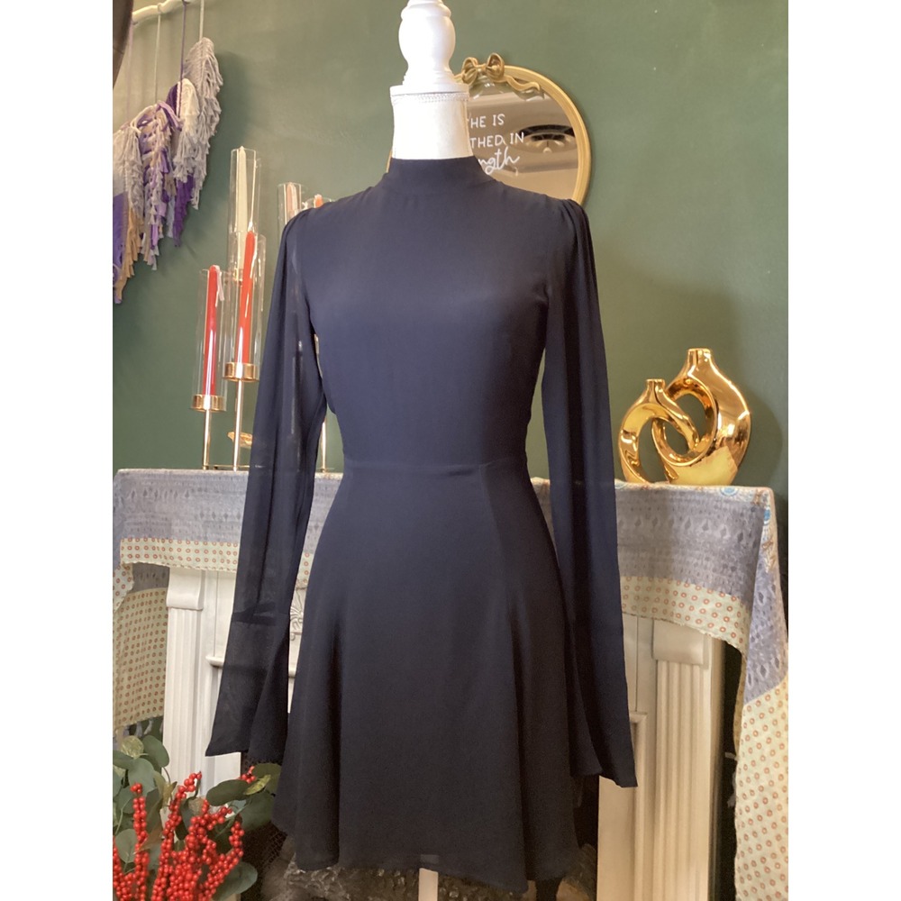 Reformation Black Mock Neck Open Back Flared Sleeve Viscose Mini Dress